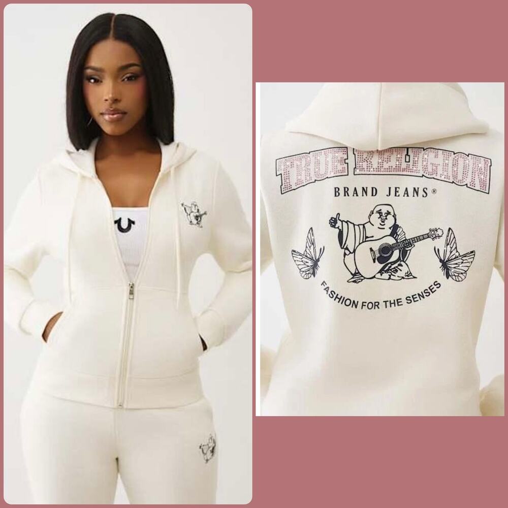 NEW True Religion Butterfly Crystal Logo Zip Hoodie White Large Y2K Streetwear